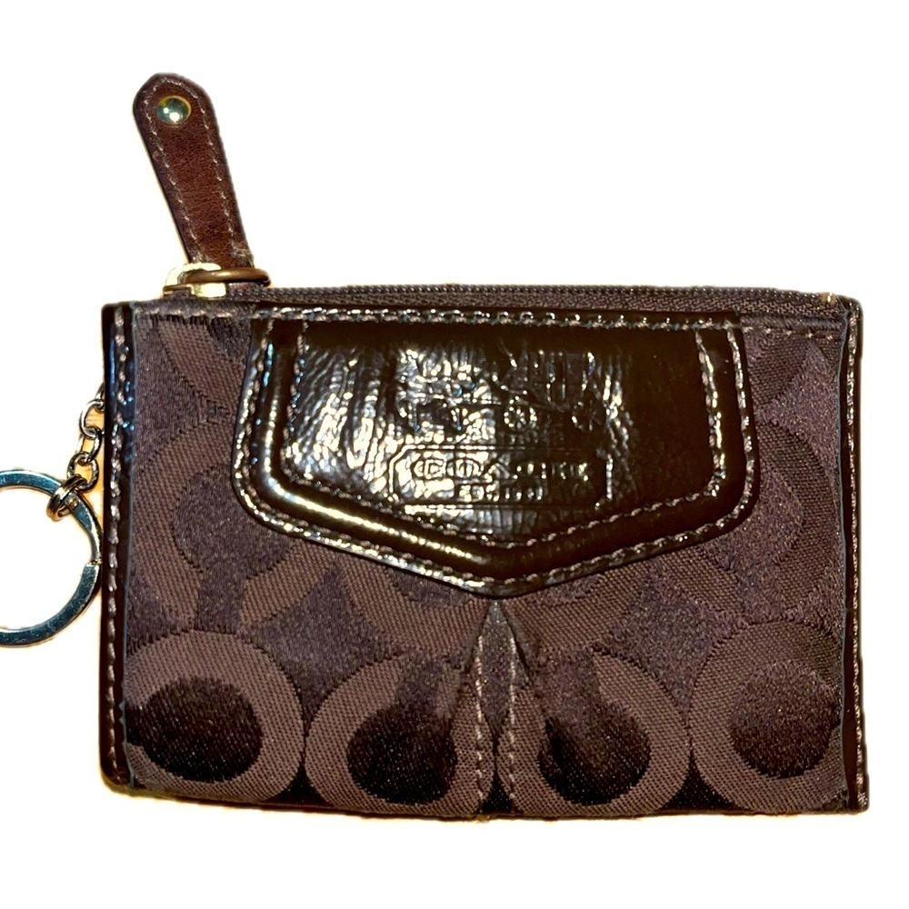 Coach "C" Patent Leather & Fabric Mini Card/Coin Pouch w/Keyring, Zip, Brown
